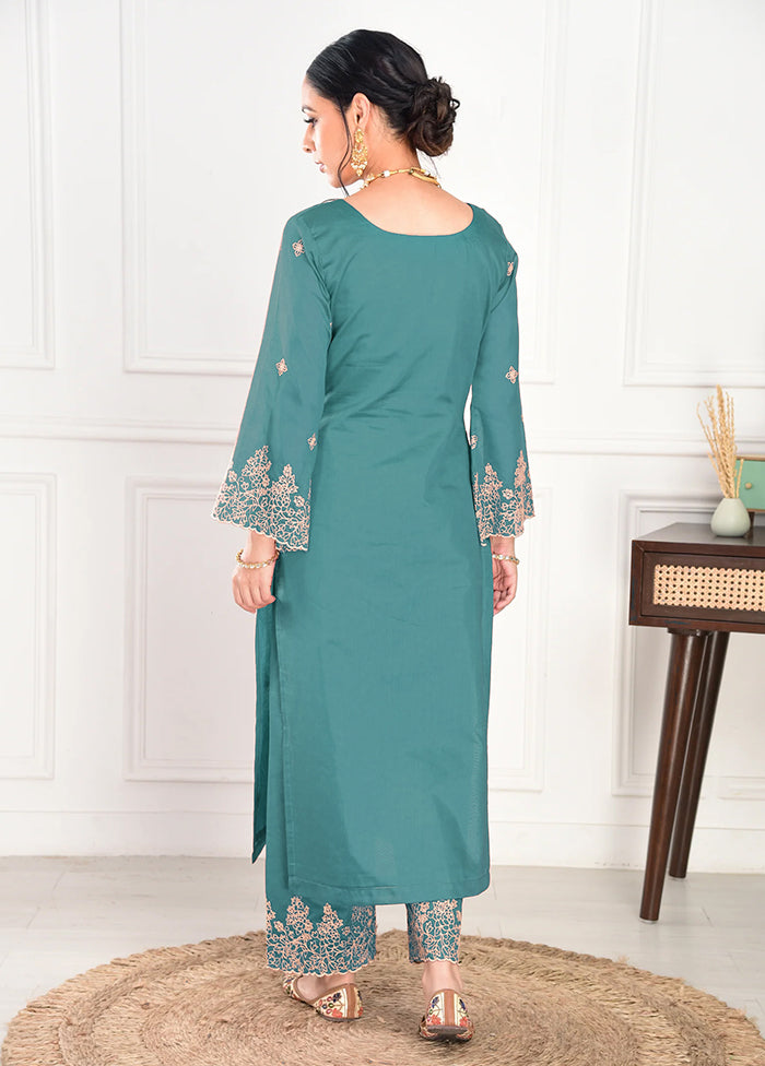 3 Pc Pine Green Readymade Viscose Dupatta Suit Set