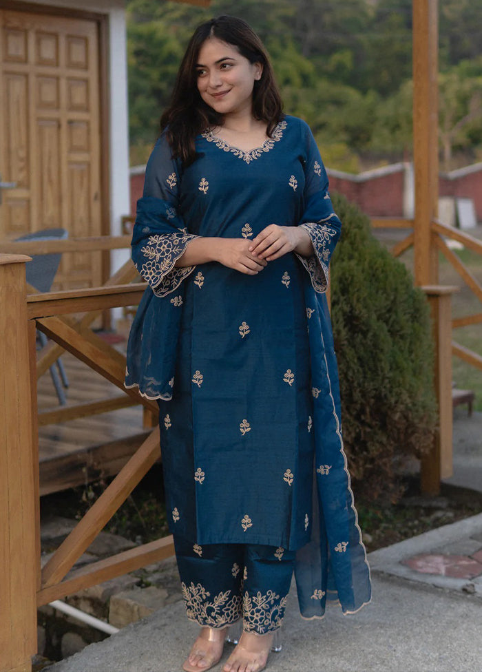 3 Pc Teal Blue Readymade Viscose Dupatta Suit Set
