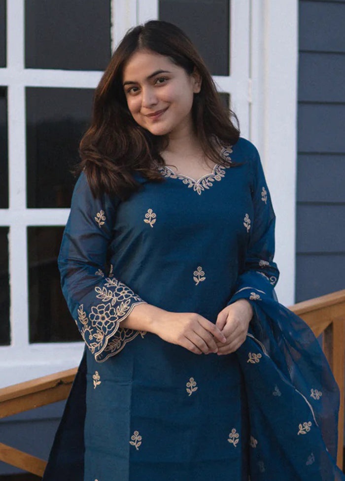 3 Pc Teal Blue Readymade Viscose Dupatta Suit Set