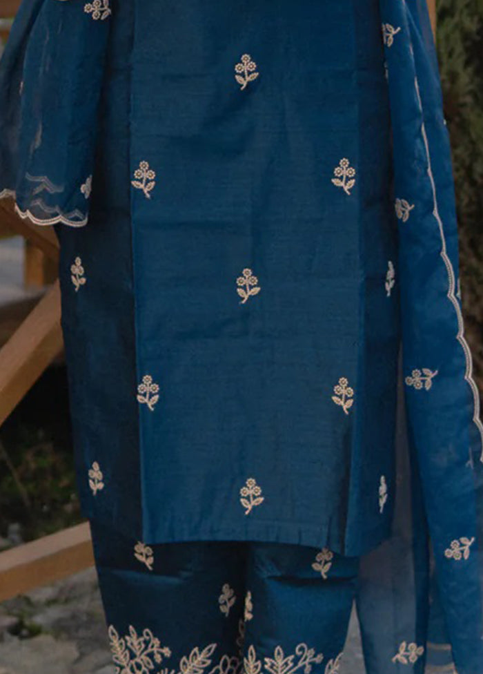 3 Pc Teal Blue Readymade Viscose Dupatta Suit Set