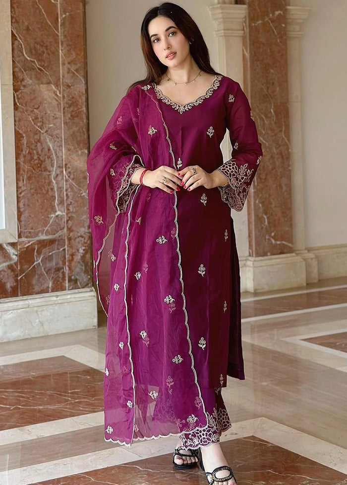 3 Pc Wine Readymade Viscose Dupatta Suit Set