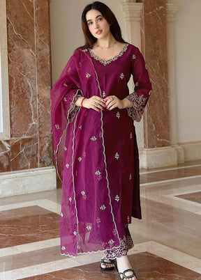 3 Pc Wine Readymade Viscose Dupatta Suit Set