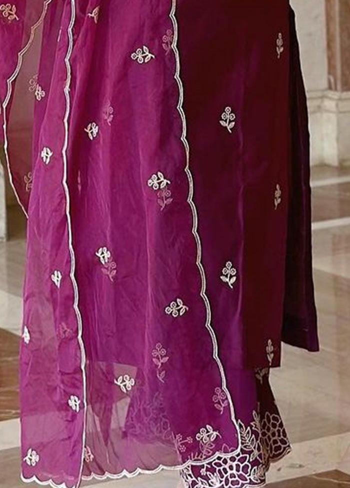 3 Pc Wine Readymade Viscose Dupatta Suit Set