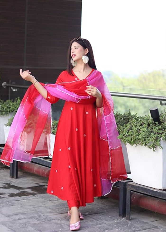 3 Pc Red Readymade Viscose Dupatta Suit Set