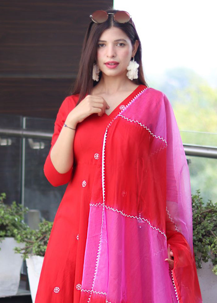 3 Pc Red Readymade Viscose Dupatta Suit Set