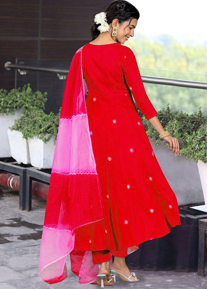 3 Pc Red Readymade Viscose Dupatta Suit Set