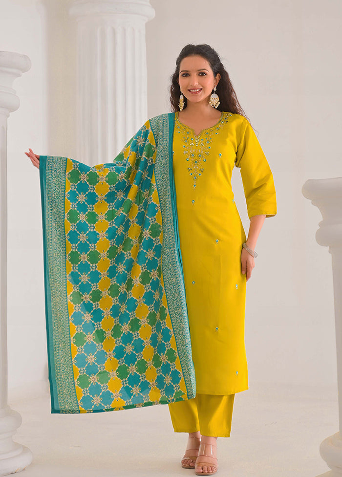3 Pc Yellow Readymade Viscose Dupatta Suit Set