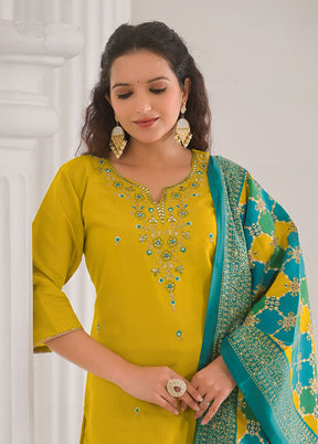 3 Pc Yellow Readymade Viscose Dupatta Suit Set