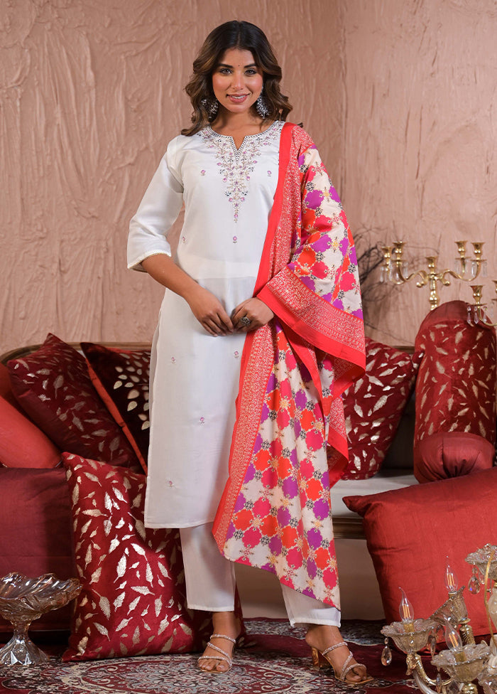 3 Pc White Readymade Viscose Dupatta Suit Set