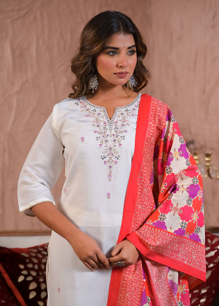 3 Pc White Readymade Viscose Dupatta Suit Set