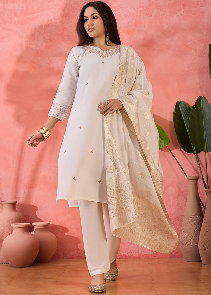 3 Pc Off White Readymade Silk Dupatta Suit Set
