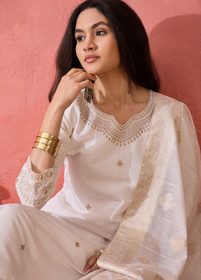 3 Pc Off White Readymade Silk Dupatta Suit Set