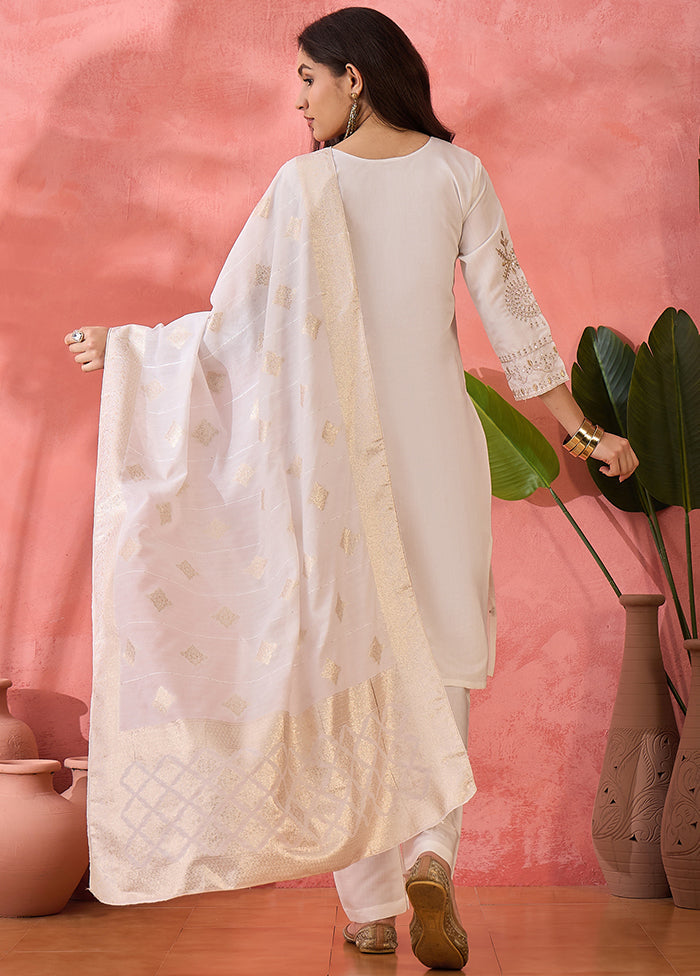 3 Pc Off White Readymade Silk Dupatta Suit Set