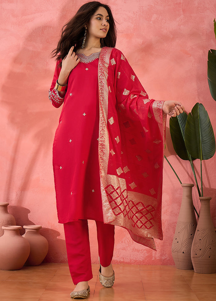 3 Pc Pink Readymade Silk Dupatta Suit Set