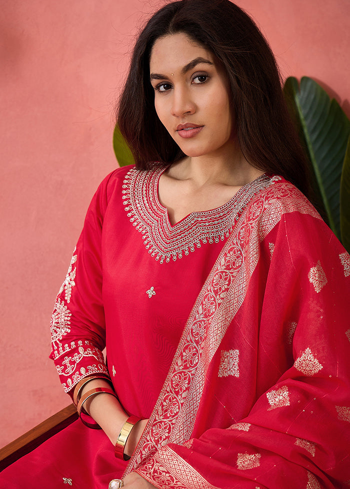 3 Pc Pink Readymade Silk Dupatta Suit Set