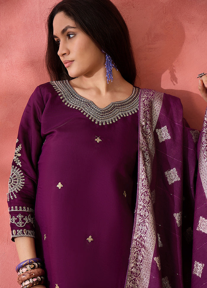 3 Pc Wine Readymade Silk Dupatta Suit Set
