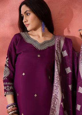 3 Pc Wine Readymade Silk Dupatta Suit Set
