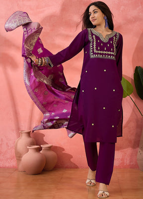 3 Pc Purple Readymade Silk Dupatta Suit Set