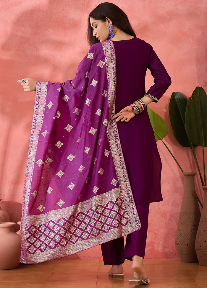 3 Pc Purple Readymade Silk Dupatta Suit Set