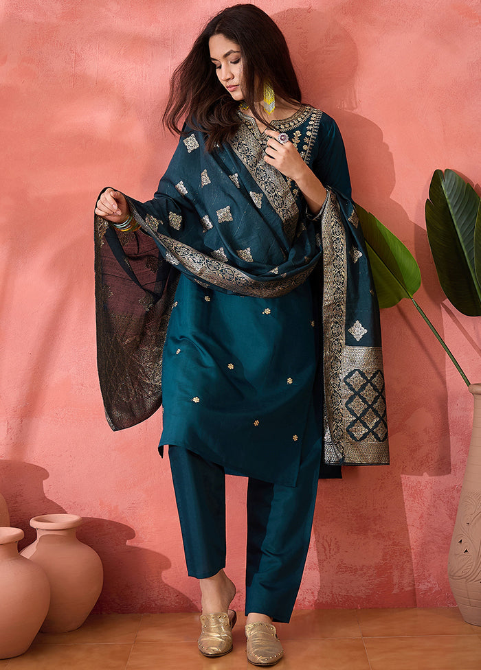 3 Pc Teal Blue Readymade Silk Dupatta Suit Set