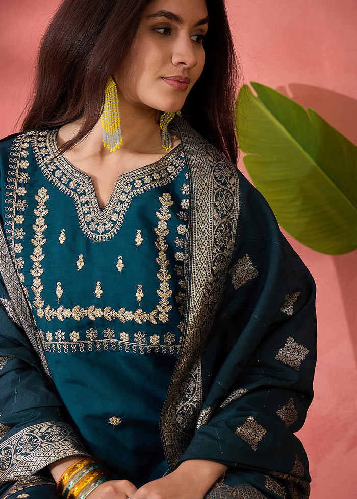 3 Pc Teal Blue Readymade Silk Dupatta Suit Set