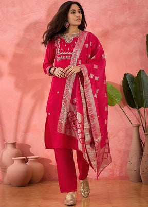 3 Pc Pink Readymade Silk Dupatta Suit Set