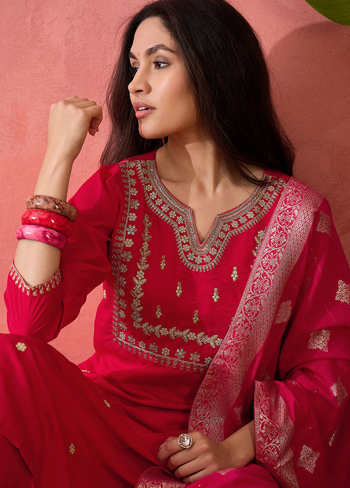 3 Pc Pink Readymade Silk Dupatta Suit Set