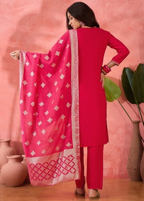 3 Pc Pink Readymade Silk Dupatta Suit Set