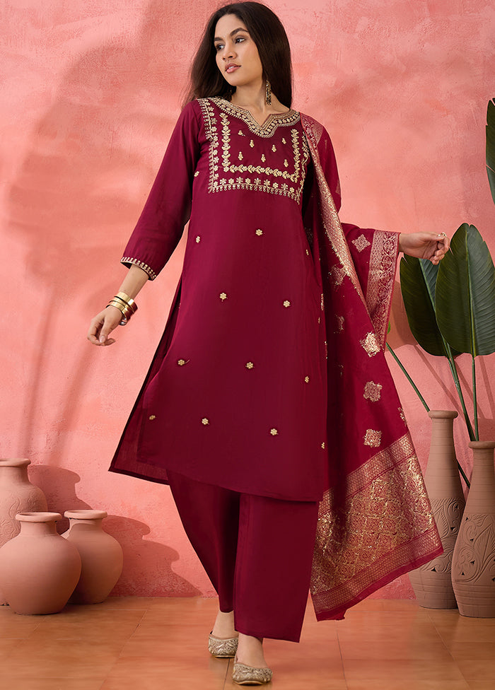 3 Pc Maroon Readymade Silk Dupatta Suit Set