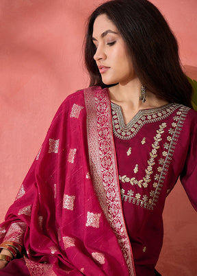 3 Pc Maroon Readymade Silk Dupatta Suit Set