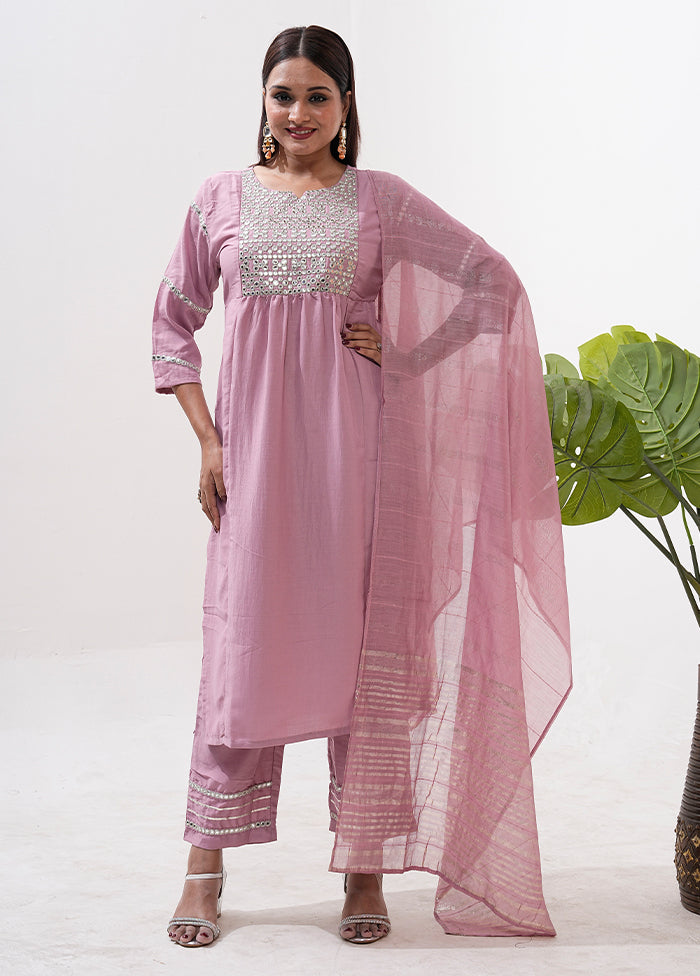 3 Pc Pink Readymade Silk Dupatta Suit Set