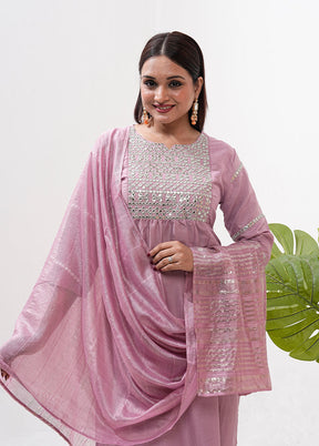 3 Pc Pink Readymade Silk Dupatta Suit Set