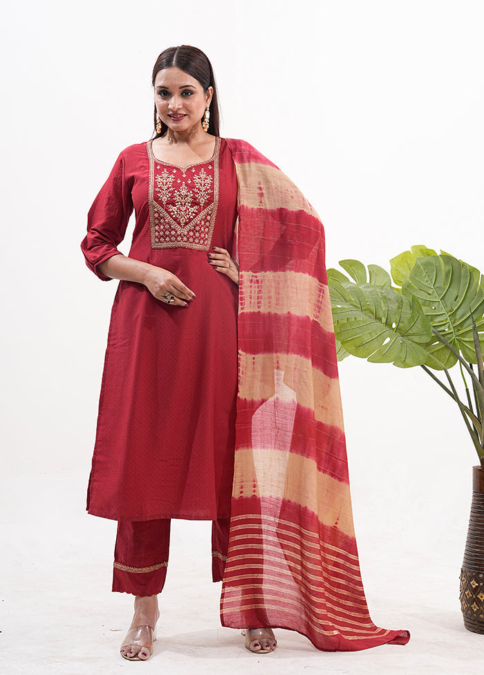 3 Pc Maroon Readymade Silk Dupatta Suit Set