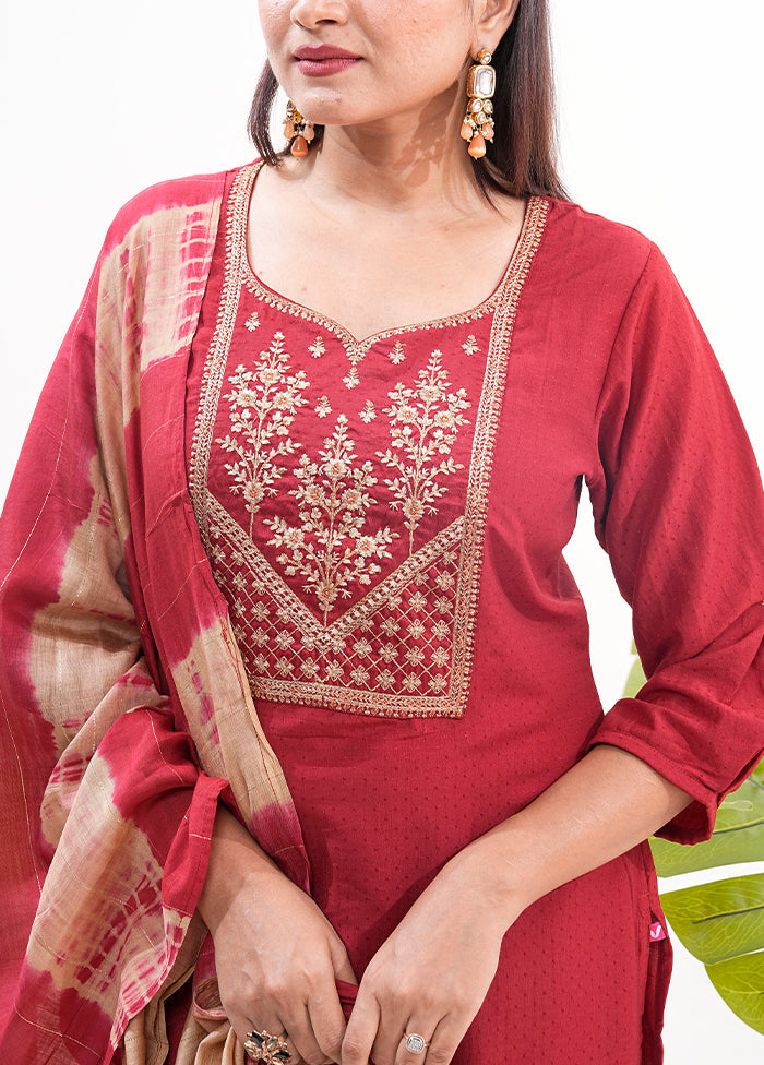 3 Pc Maroon Readymade Silk Dupatta Suit Set