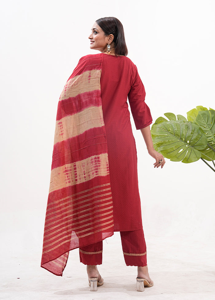 3 Pc Maroon Readymade Silk Dupatta Suit Set