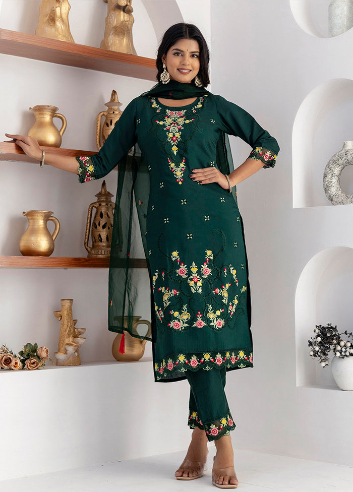 3 Pc Green Readymade Viscose Dupatta Suit Set