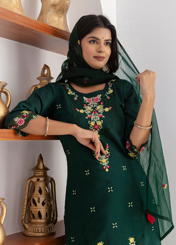 3 Pc Green Readymade Viscose Dupatta Suit Set