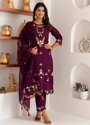 3 Pc Purple Readymade Viscose Dupatta Suit Set
