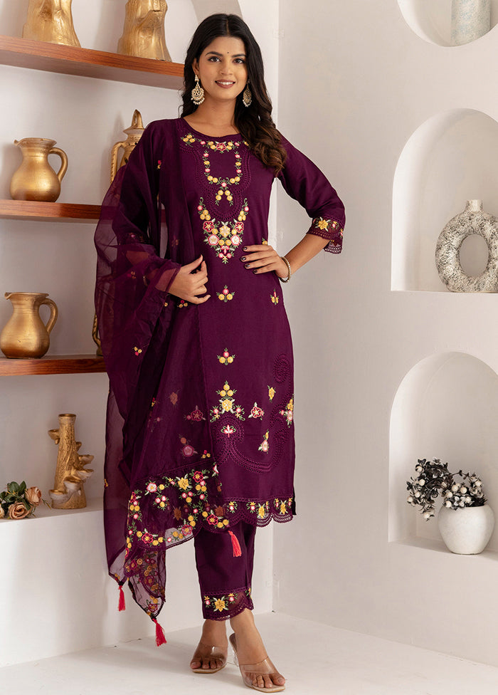 3 Pc Purple Readymade Viscose Dupatta Suit Set