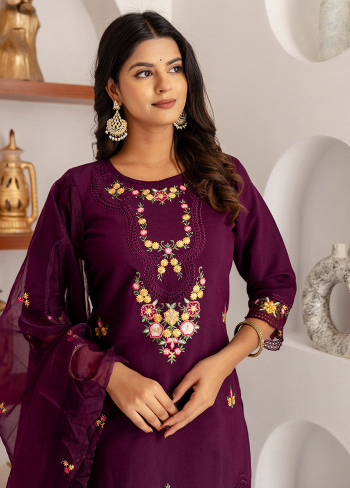 3 Pc Purple Readymade Viscose Dupatta Suit Set