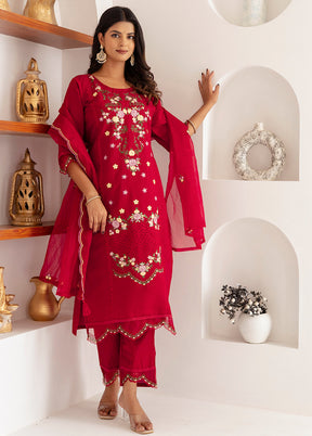 3 Pc Red Readymade Viscose Dupatta Suit Set
