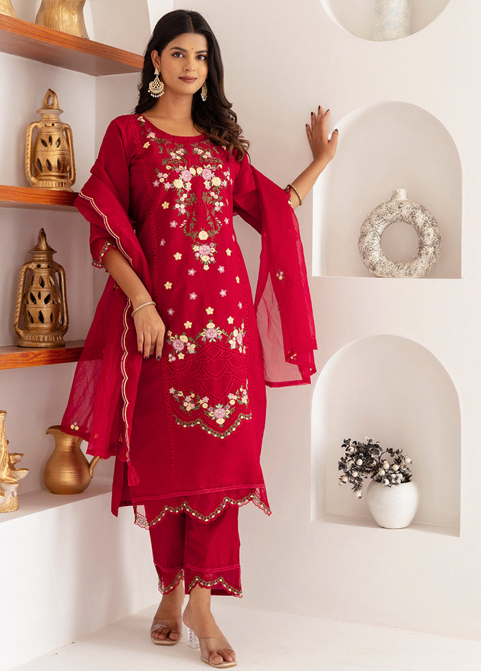 3 Pc Red Readymade Viscose Dupatta Suit Set