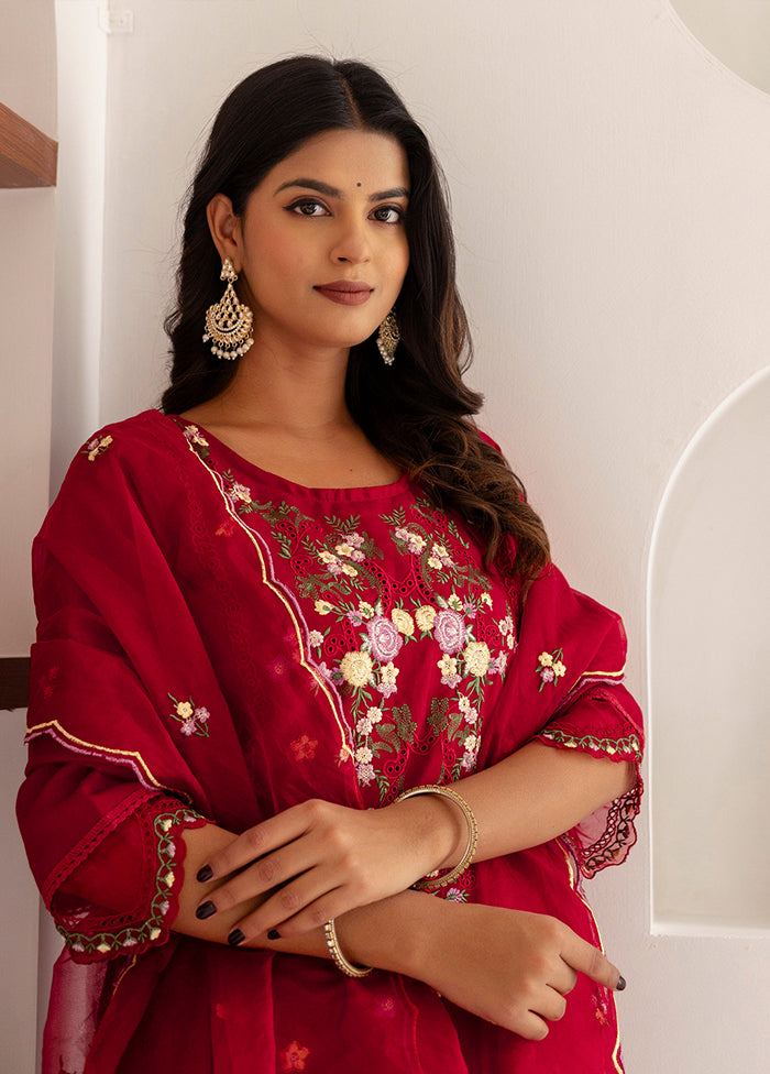 3 Pc Red Readymade Viscose Dupatta Suit Set