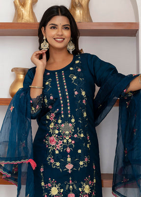 3 Pc Teal Blue Readymade Viscose Dupatta Suit Set