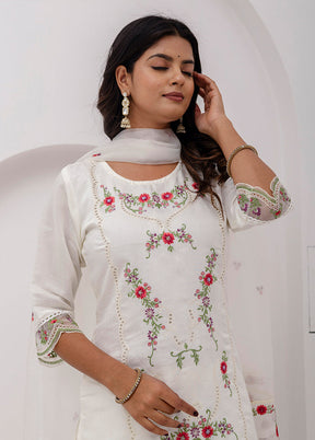 3 Pc White Readymade Viscose Dupatta Suit Set