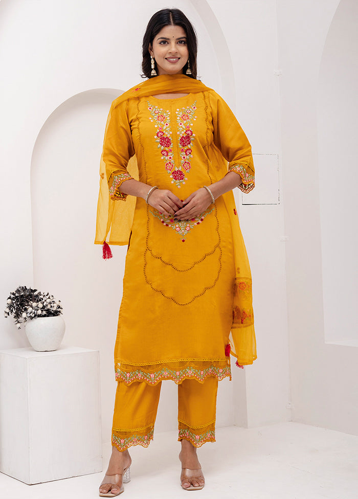 3 Pc Yellow Readymade Viscose Dupatta Suit Set