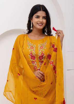 3 Pc Yellow Readymade Viscose Dupatta Suit Set