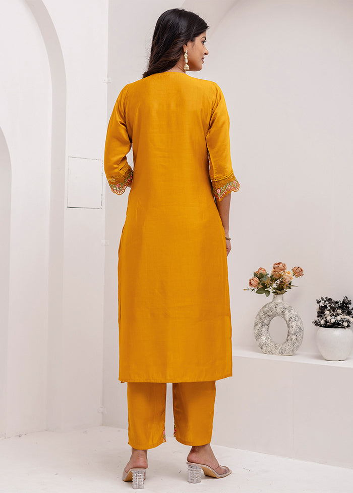 3 Pc Yellow Readymade Viscose Dupatta Suit Set