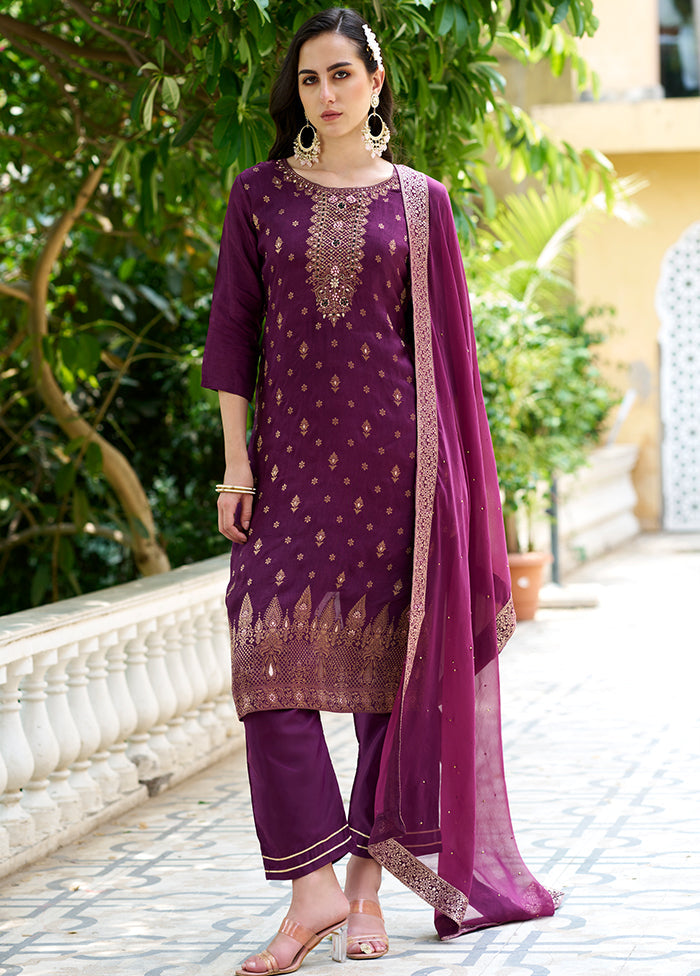 3 Pc Purple Readymade Viscose Dupatta Suit Set