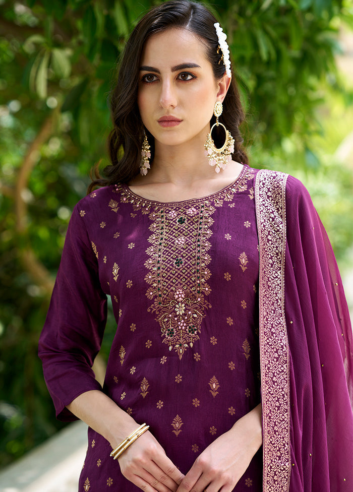 3 Pc Purple Readymade Viscose Dupatta Suit Set